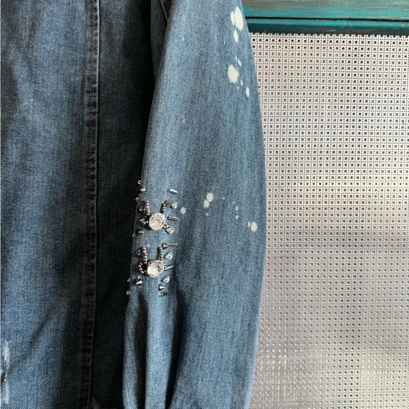 Embroidered Distressed Denim Jacket with Fringe with Swarovski Crystals - Picture 3 of 6